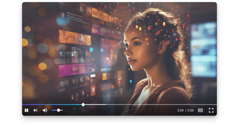 AI Video Analysis: woman, futuristic, streaming, interface, digital, multimedia, display, technology, content, selection, evening, thoughtful, entertainment, glowing, interactive